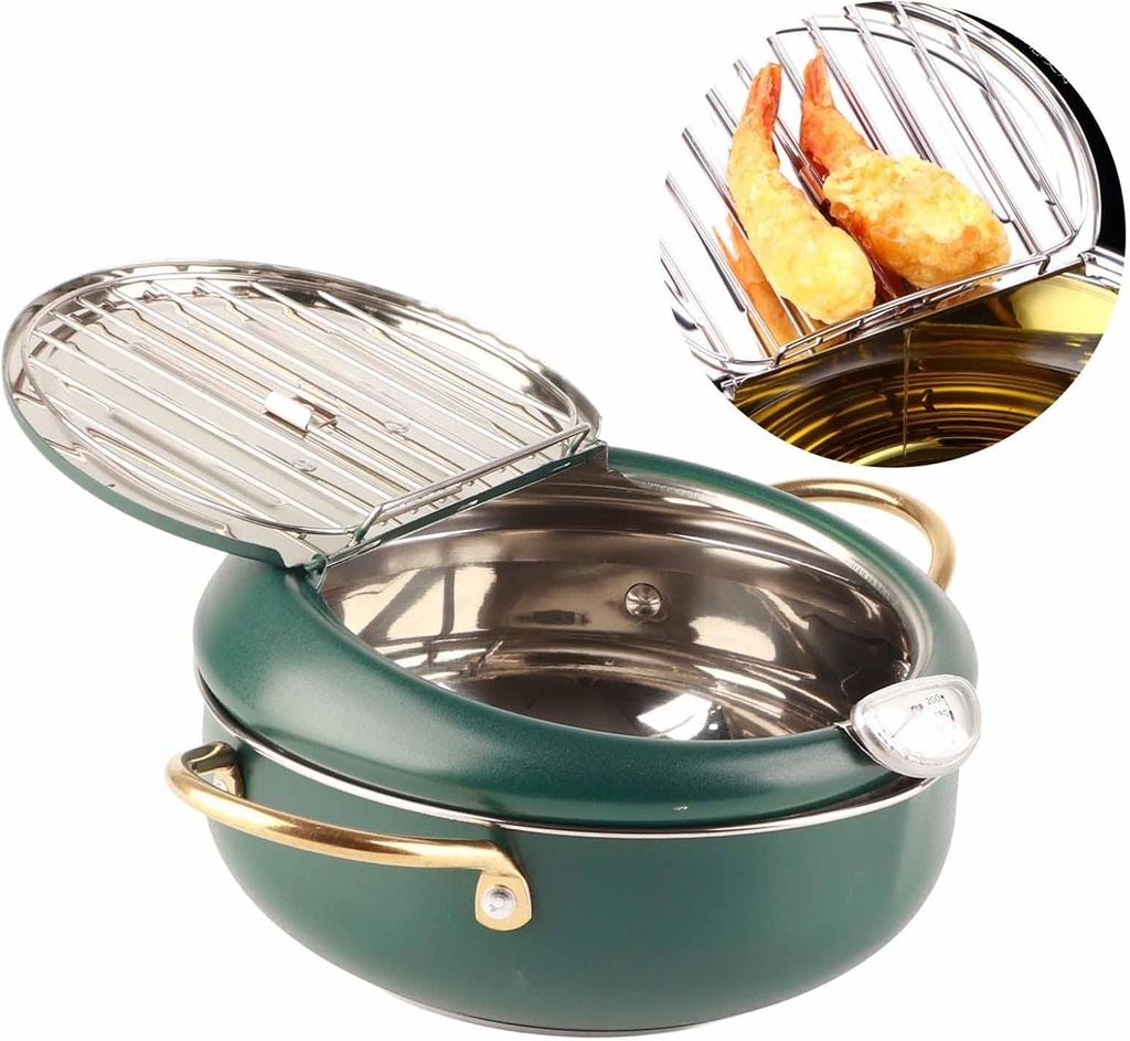 Alvinlite Deep Fryer Pot, Small Tempura Deep Fryer, Stainless Steel Japanese Frying Pot with Thermometer, Green Deep Fat Fryers for French Fries Shrimp 2.2 Liter Oil Capacity(S)