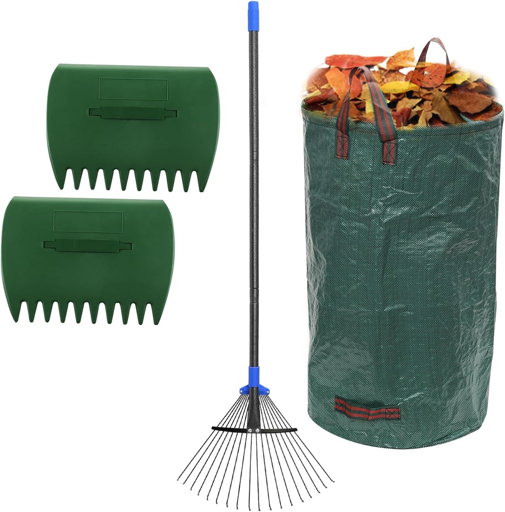 Adjustable Leaf Rake for Leaves with 32 Gallon Lawn and Leaf Bags & Leaf Scoops, Adult Kids Lawn Shrub Yard Landscape Garden Metal Rake with Expandable Head 8-17" Long Handle 30-60"