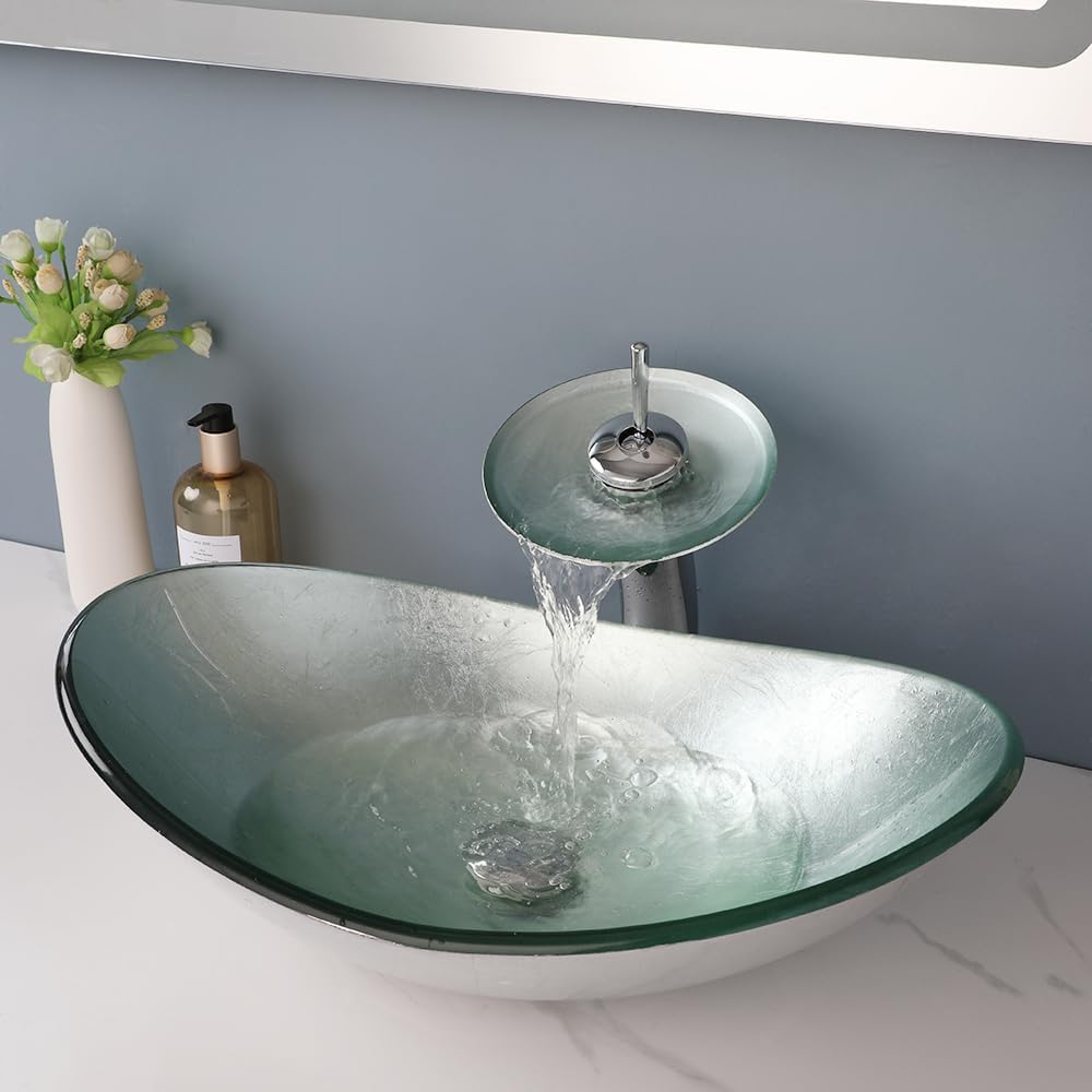 Oval Bathroom Vessel Sink Tempered Glass With Faucet Pop Up Drain Washing Bowl Waterfall Above Counter Set