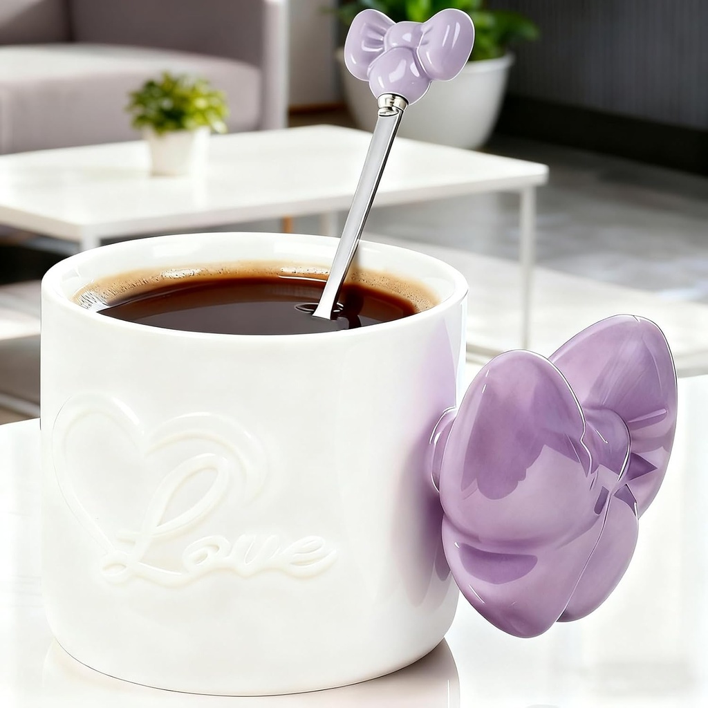 350 ML Bow Coffee Mug Violet 12 OZ Ceramic Cute Coquette Mug Porcelain Tea Cup Bow Cute Coffee Cup for Women Girl