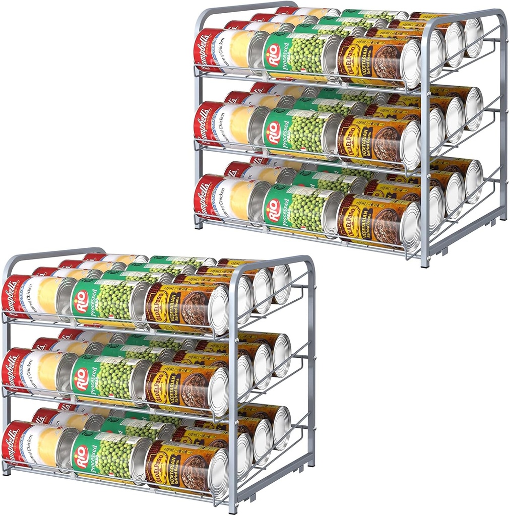 Shinoske Can Organizer for Pantry 2 Pack,3-Tier Stackable Can Organizer 2 in 1 Can Rack,72 Dispenser Holder Canned Food Organizer for Pantry Kitchen Countertop Storage,Silver