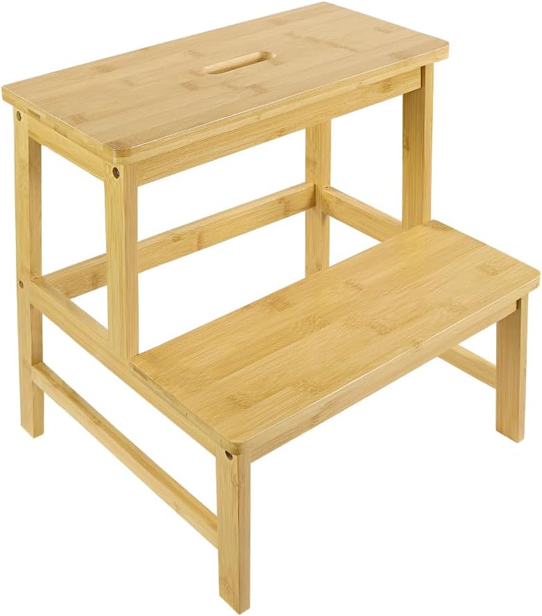 Bamboo Step Stool 2 Step Stool Chair for Kitchen Bed Bathroom Toilet Bedroom, Natural