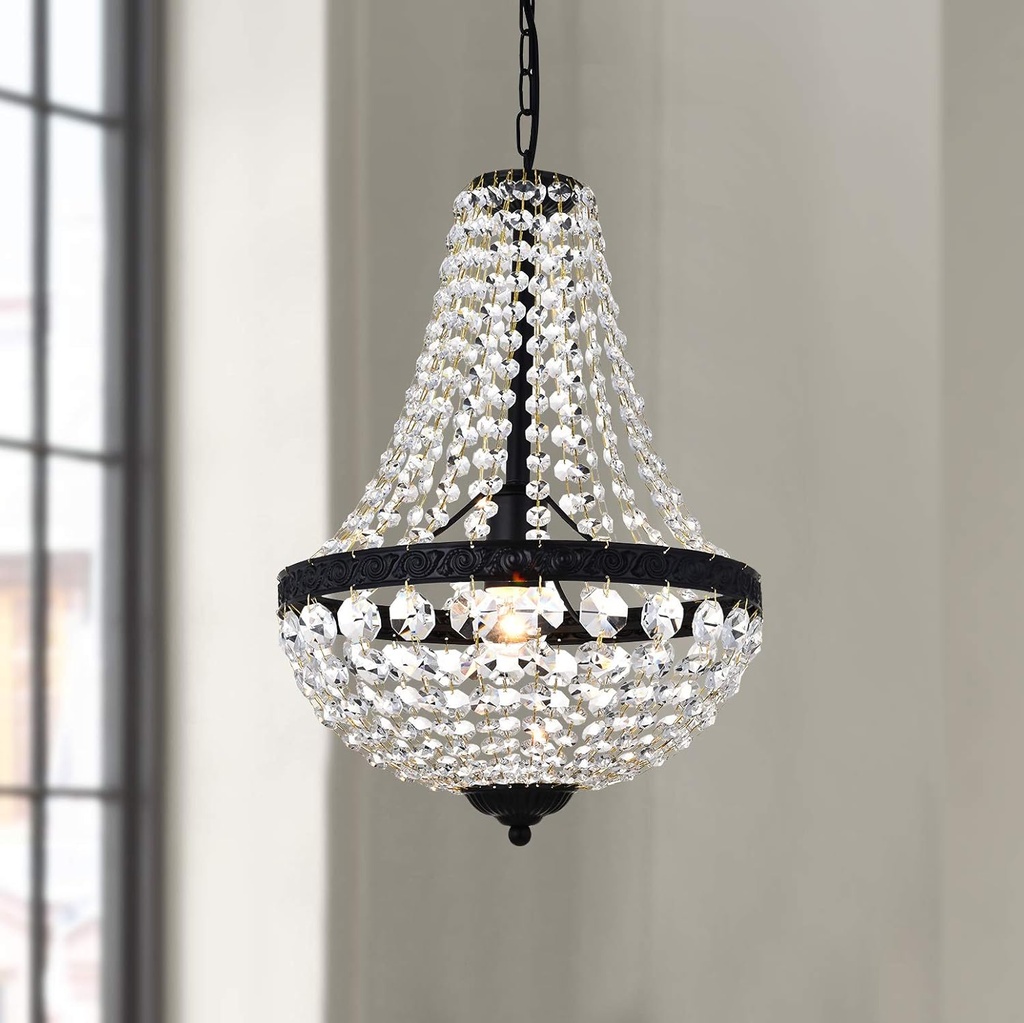 Bestier Modern French Empire Black Finish Farmhouse Crystal Pendant Chandelier Lighting LED Ceiling Light Fixture Lamp Dining Room Bathroom Bedroom Livingroom 1E26 Bulbs Required H18 in X D12 in