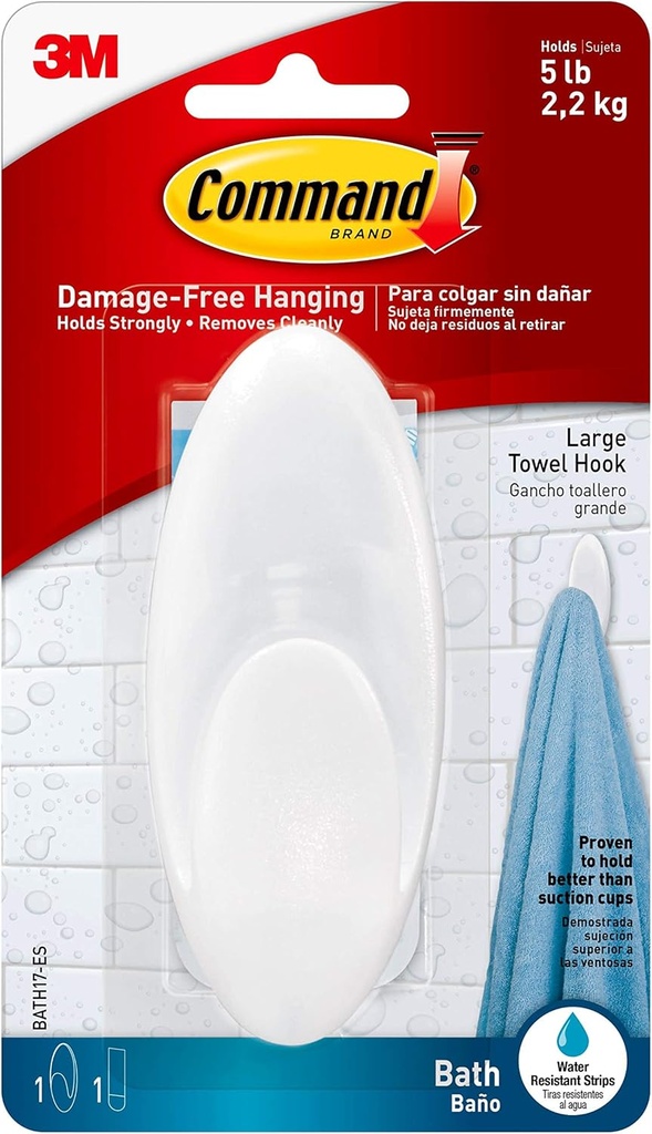Command Large Towel Hook, Holds up to 5 lb, 1 Bath Hook with 1 Water-Resistant Command Strip, Damage Free Bathroom Organization for Robes, Towels, Loofahs, or Bathroom Accessories