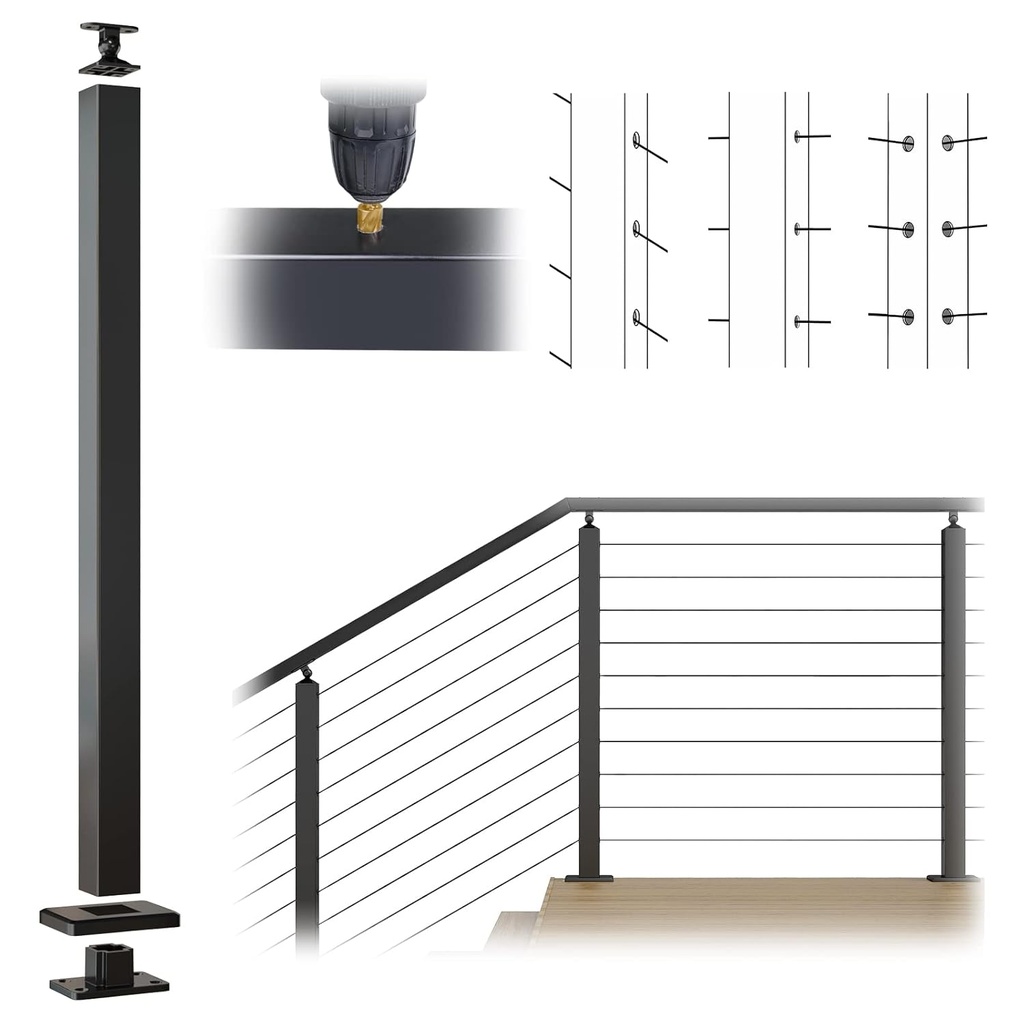 Muzata Aluminum Black Cable Railing Post 36 Inch 36"X2"x2" Undrilled Surface Mount Cable Railing System Kit Indoor Outdoor Seaside with Paper User Guide PD01 BNAS