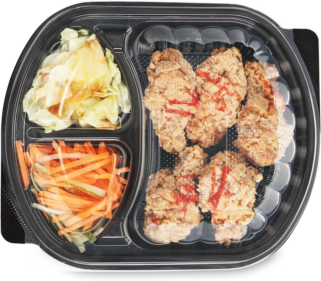 YANGRUI Meal Prep Container, 30 Pack 30oz BPA Free Reusable To Go Containers with Lids Shrink Wrap Microwave Dishwasher Freezer Safe Plastic 3 Compartment Bento Box