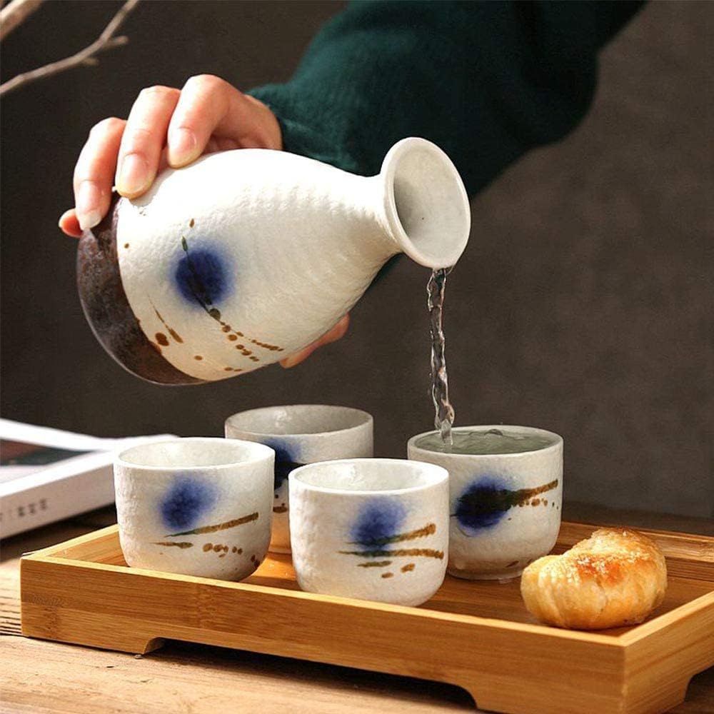 Sake Cup Set Japanese Japanese, 5 Piece Set Sake Serving Set, Quaint Texture Glaze Ink Painting, for Cold/Warm/Hot Sake/Shochu/Tea Sake Pot Set