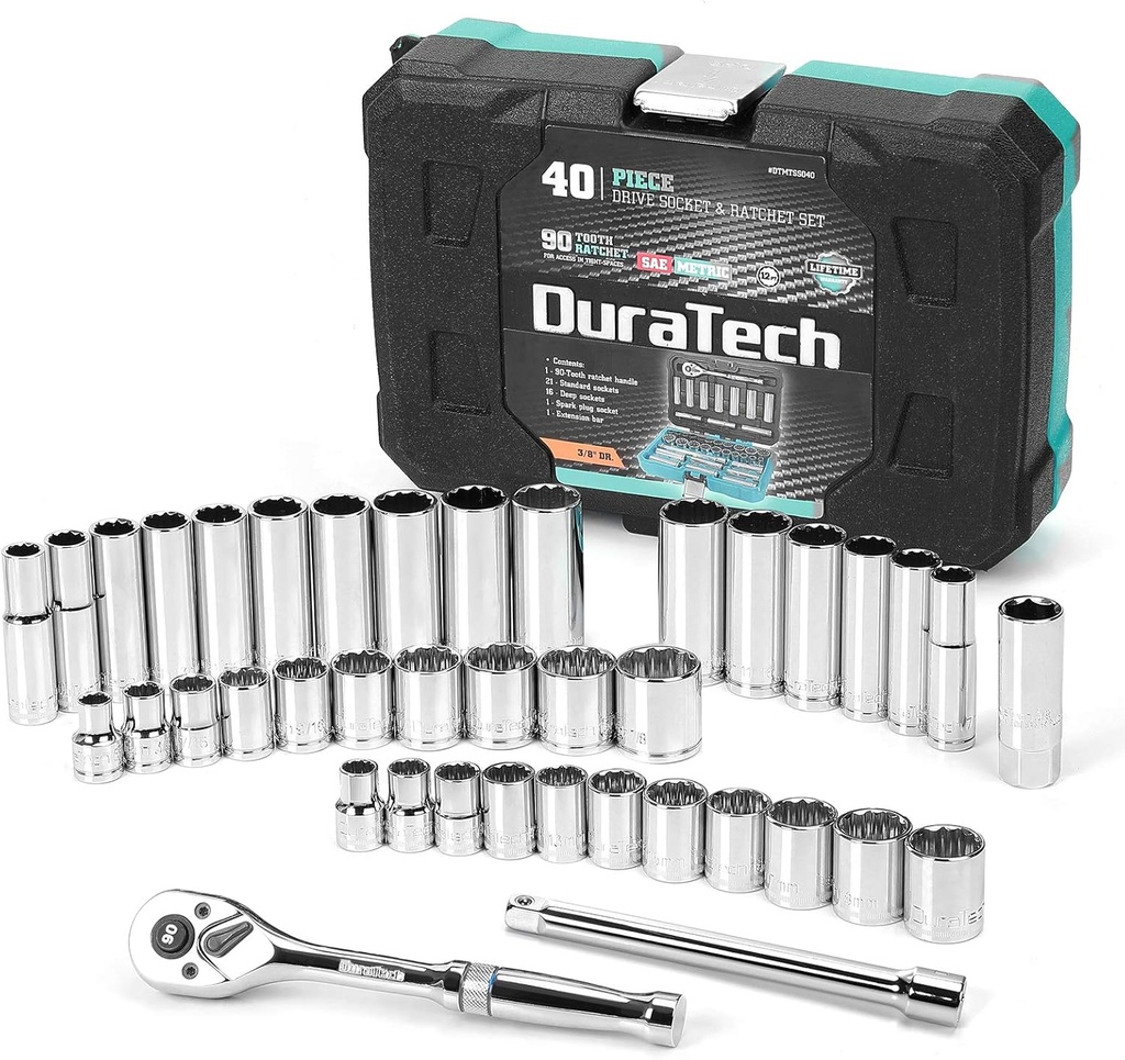 DURATECH 3/8" Drive Socket Set, 40 Piece Tool Set Including Standard (SAE) and Metric Sockets, 90-Tooth Ratchet Handle and Extension Bar