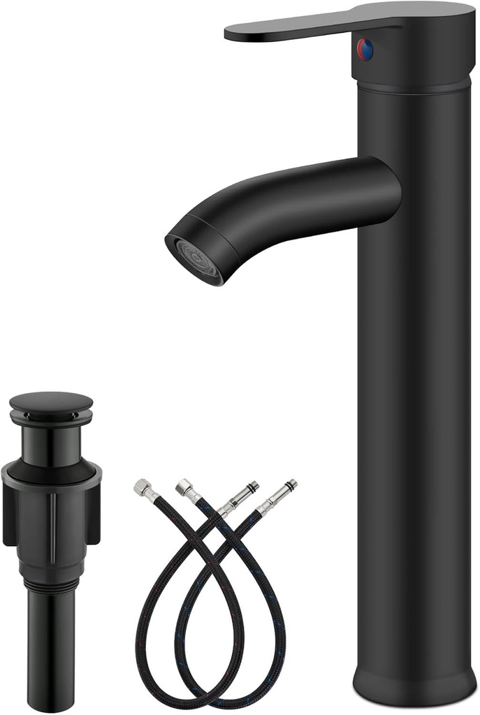 gotonovo Vessel Sink Faucet Modern Bathroom Faucet 1 Hole Deck Mount Lavatory Vanity Single Handle Mixer Tap with Water Supply Hoses and ABS Pop Up Drain Without Overflow, Matte Black