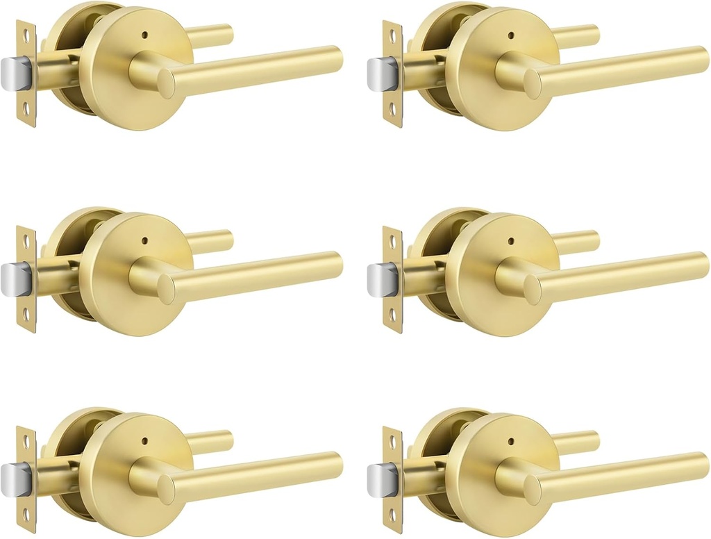 goldenwarm Gold Door Handles Interior, Zinc Alloy Heavy Duty Brushed Gold Interior Door Handles for Bedroom Bathroom, Modern Round Privacy Door Levers (6 Pack)