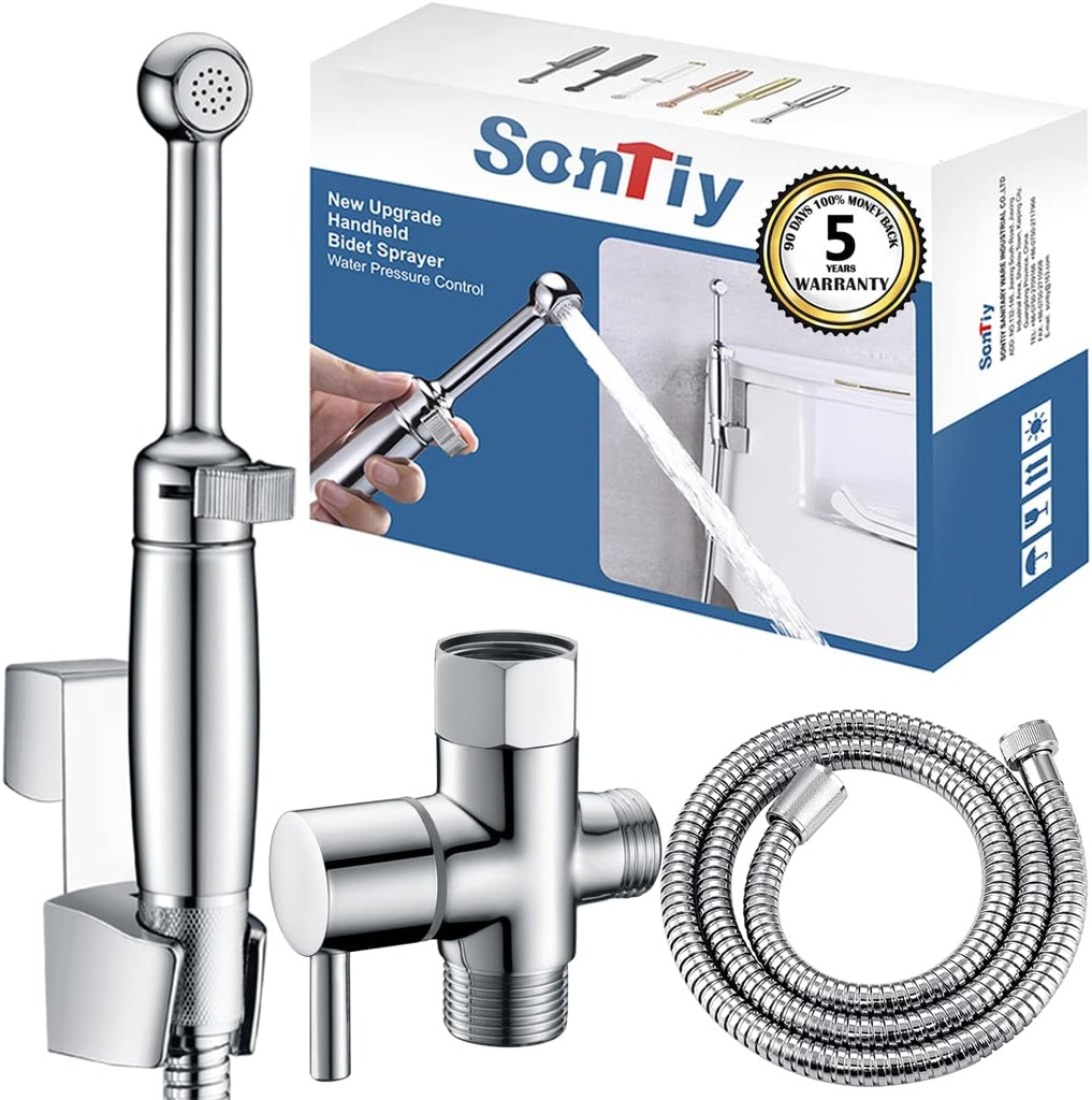 SonTiy Brass Handheld Bidet Sprayer for Toilet, All Metal Cloth Diaper Toilet Sprayer Bidet Attachment with Backflow Preventer, Adjustable Water Jet Spray, 7.2" Bidet Wand, Chrome
