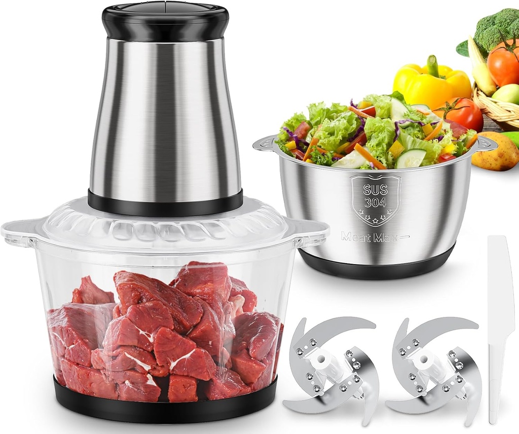 2-Speed Food Processor, Electric Meat Grinder Food Chopper with 8 Cup Glass Bowls& 8 Cup Stainless Steel Bowl for Kitchen, Vegetable, Onion, Garlic, Salad, Fruit, Nuts