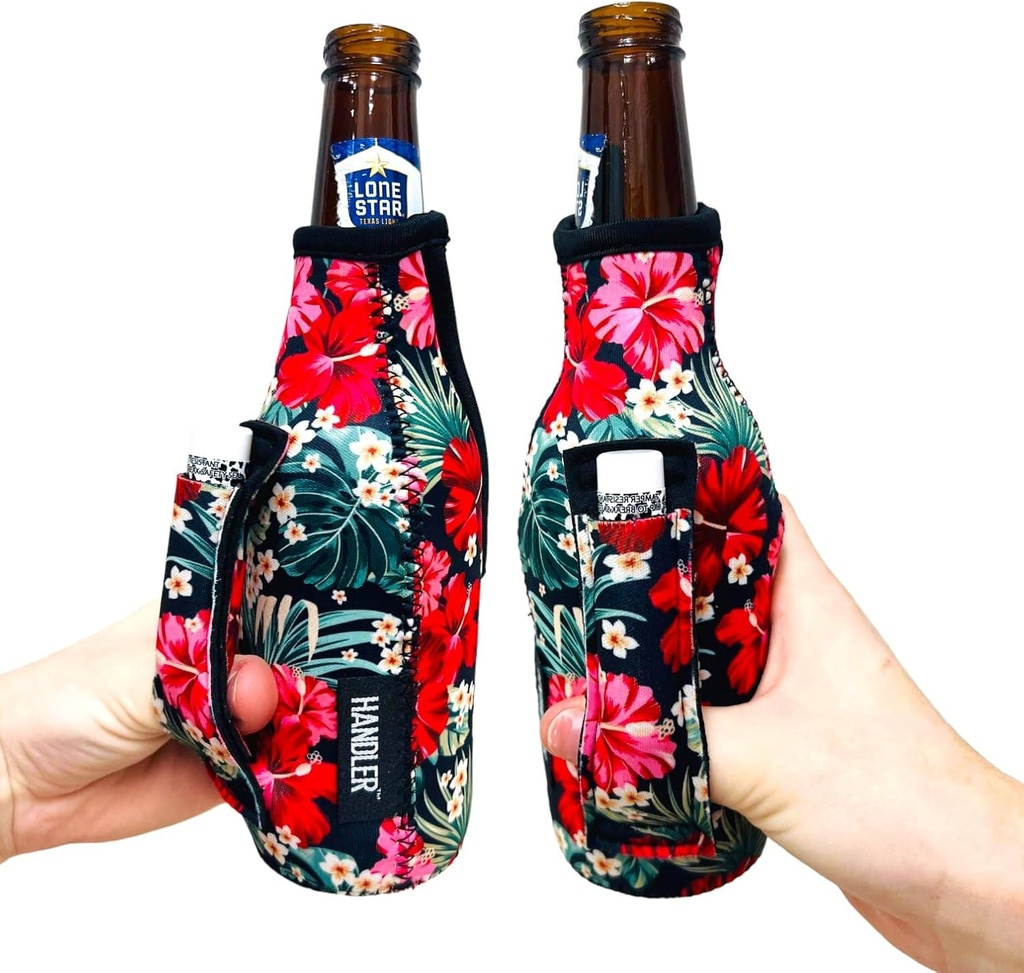 12 oz Beer Bottle Handler - Neoprene Bottle Sleeve with Pocket Handle - Insulated Beer Sleeves, Hibiscus