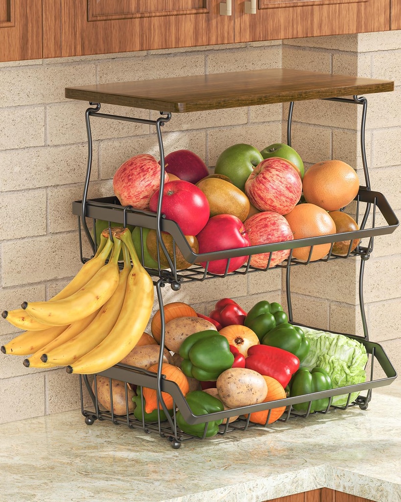 3 Tier Countertop Fruit Basket Bread Bowl with Wooden Top for Kitchen, Stackable Vegetable Potato Onion Storage Wire Basket with Banana Hangers, Black