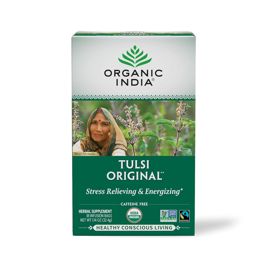 ORGANIC INDIA Original Tulsi Tea - Herbal Tea, Holy Basil and African Basil Calming and Stress Relief Tea, Immune Support, USDA Certified Organic, Non-GMO, Caffeine-Free - 18 Infusion Bags, 1 Pack