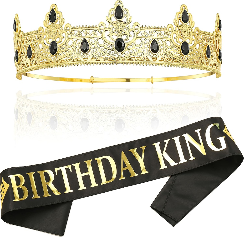 NA King Crown and Birthday Sash, Prom Decoration Gifts for Men (Gold-1)