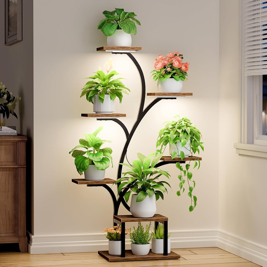 Plant Stand Indoor with Grow Lights, 7 Tiered Indoor Plant Shelf, 49" Corner Plant Stands for Indoor Plants, Metal Plant Flower Display Shelf, Tree-Shaped Plant Rack for Home, Patio, Black