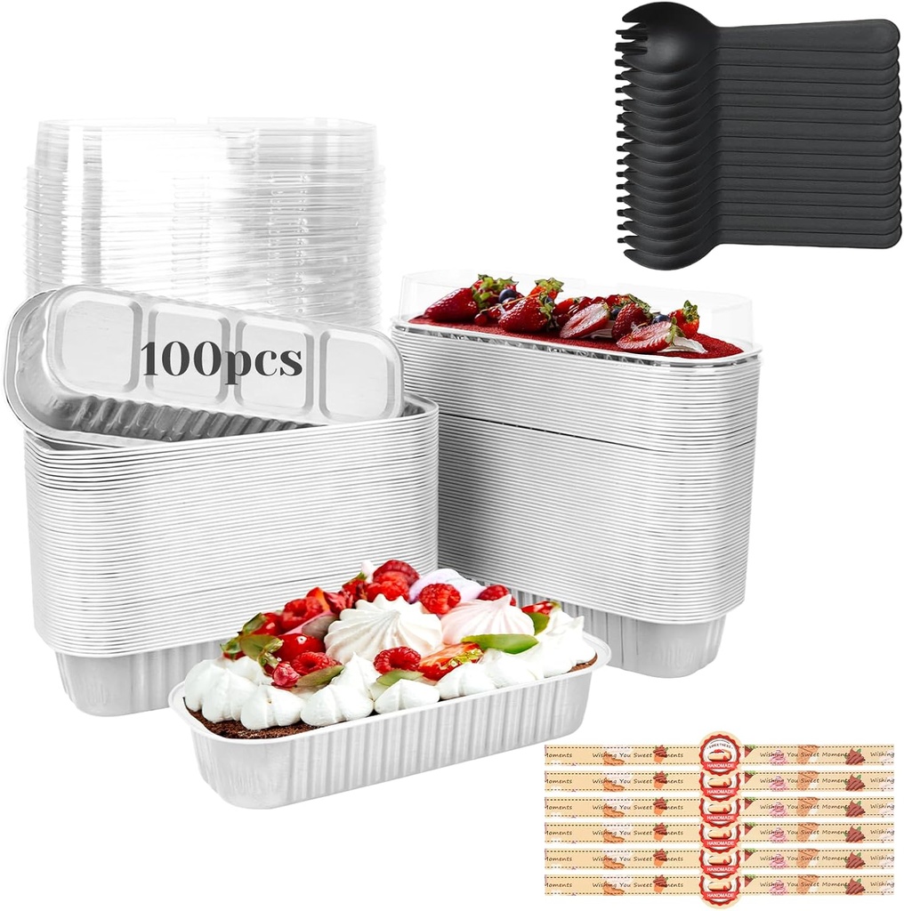 100 Pack Mini Loaf Pans with Lids, Spoons & Stickers – Disposable Aluminum Foil Baking Cake Containers for Oven, Air Fryer & Freezer – Ideal for Cakes, Bread, Pudding, Parties & Gifting, Sliver