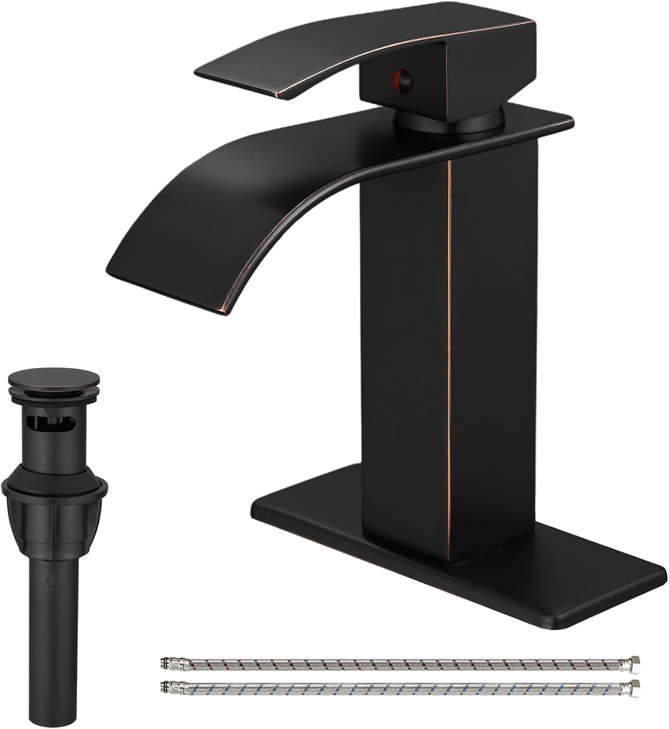 Oil Rubbed Bronze Bathroom Faucet, Bronze Waterfall Bathroom Sink Faucet, Single Hole Bathroom Faucet, Single Handle Modern Lavatory Vanity with Pop Up Drain with Overflow Deck Mount