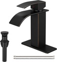 Oil Rubbed Bronze Bathroom Faucet, Bronze Waterfall Bathroom Sink Faucet, Single Hole Bathroom Faucet, Single Handle Modern Lavatory Vanity with Pop Up Drain with Overflow Deck Mount