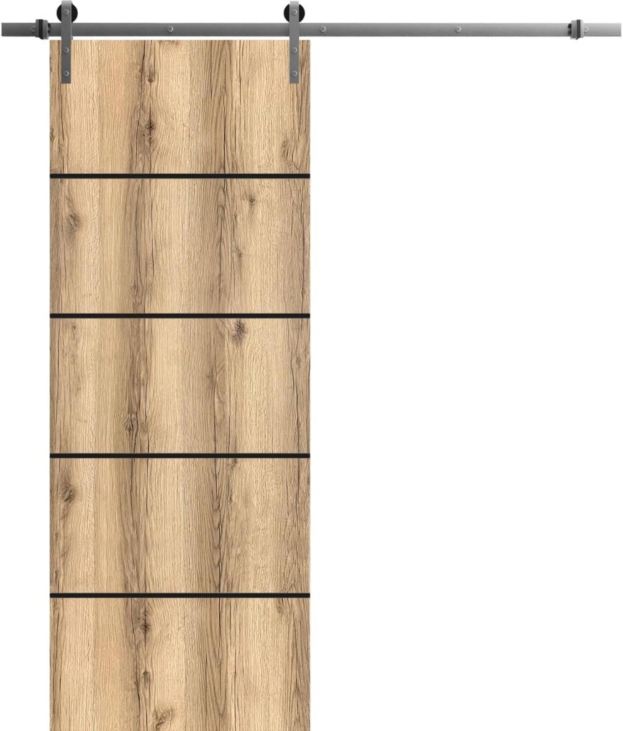 SARTODOORS Steel 6 | Interior Single Sliding barn Door, no Glass, Solid Wood, 18x80, Oak, Modern Style | Hardware Included