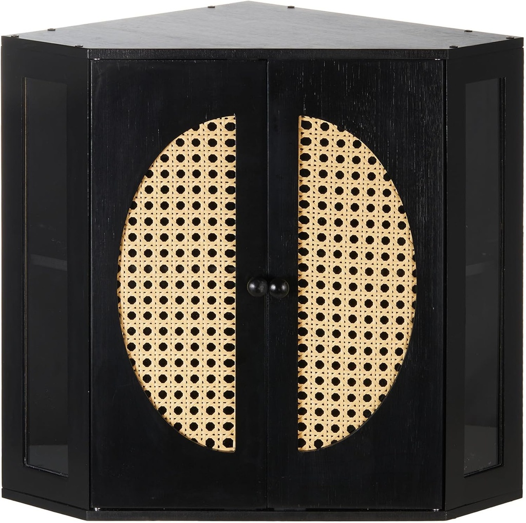 BRONYPRO Boho Rattan Corner Bread Box for Kitchen Countertop – Extra Large Black Bamboo Breadbox, Double Layer Storage with Height-Adjustable Partition