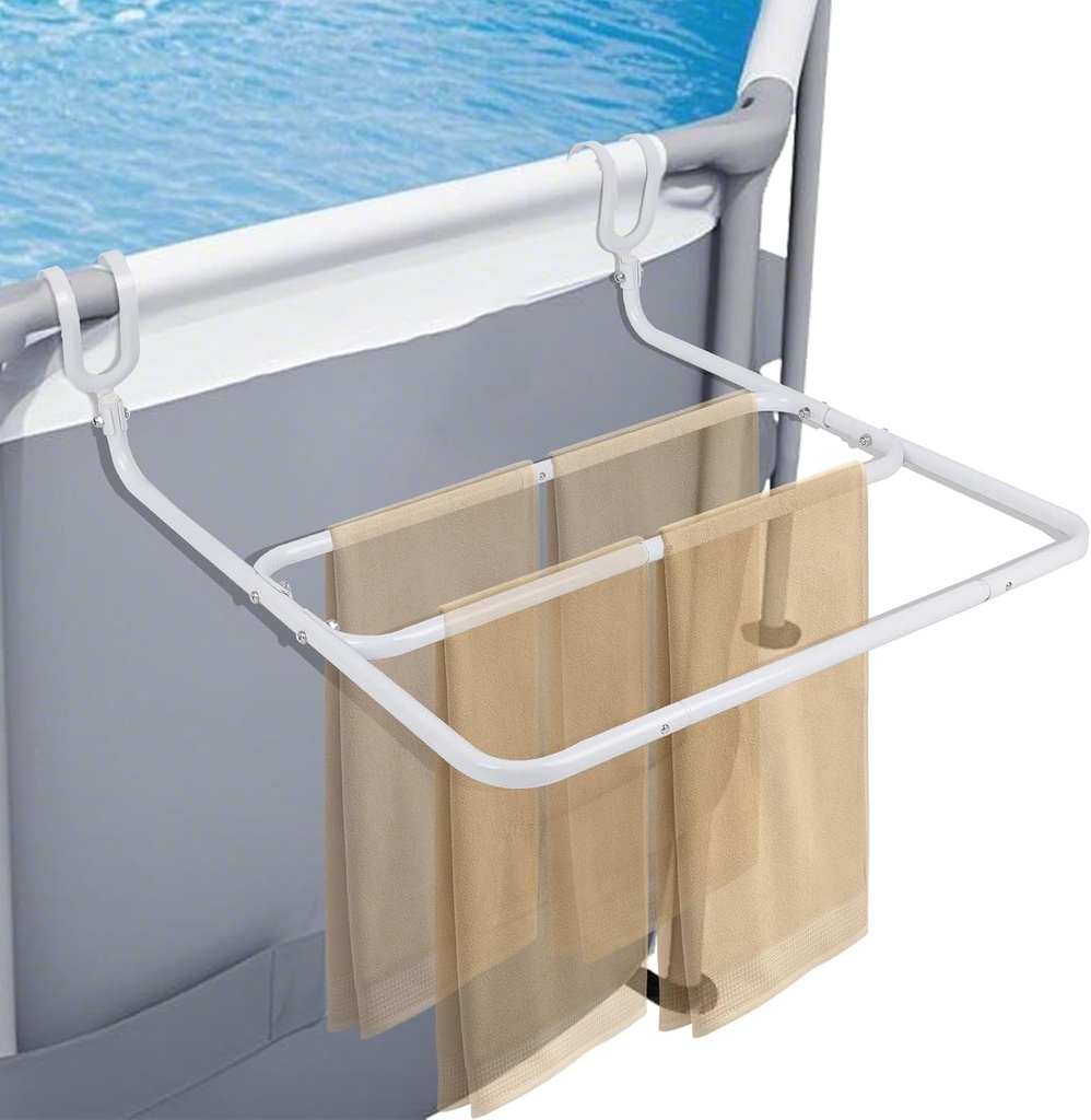Pool Towel Rack for Above-Ground Pool,Metal Pool Towel Holder Fit for Above-Ground Pool Round Top Rails 2in-3.1in.Towel Stand for Pool(White)