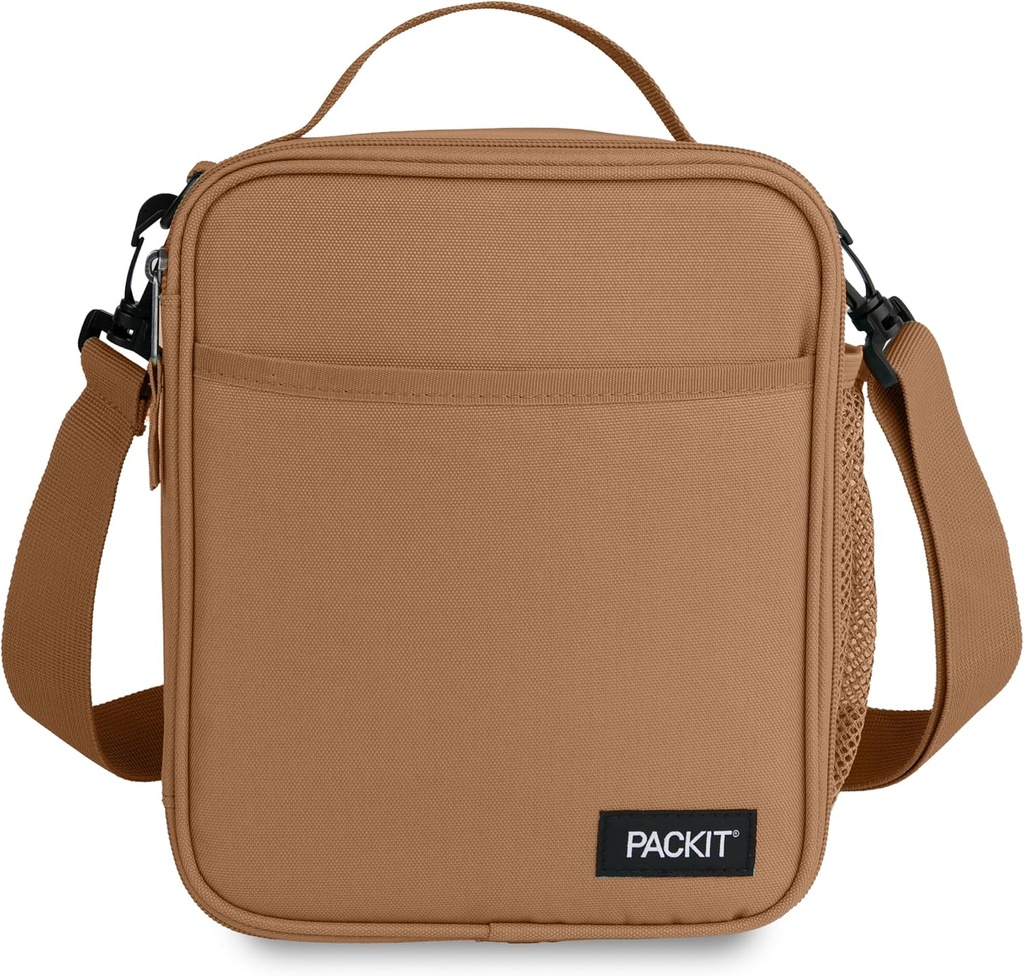 PackIt Freezable Crossbody Lunch Box, Almond, Built with ECOFREEZE Technology, Fully Freezable, Collapsible, Reusable, With Top Handle, Front Slip Pocket. Effortlessly Carry, Fresh Every Time.