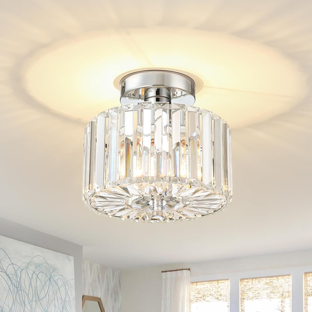 Semi Flush Mount Modern Chandelier, 8.89" Crystal Ceiling Light Fixture, Small Close to Ceiling Light for Hallway, Bathroom, Kitchen, Entryway,Chrome, 1 Light, SF004-1-CH
