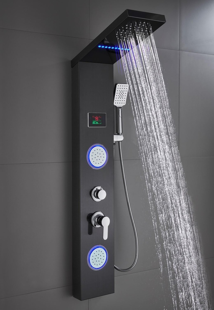 ELLO&ALLO Shower Panel System Tower, LED Rainfall and Mist Head Rain Massage Stainless Steel Bathroom Fixtures with LED Body Jets, Brushed Black