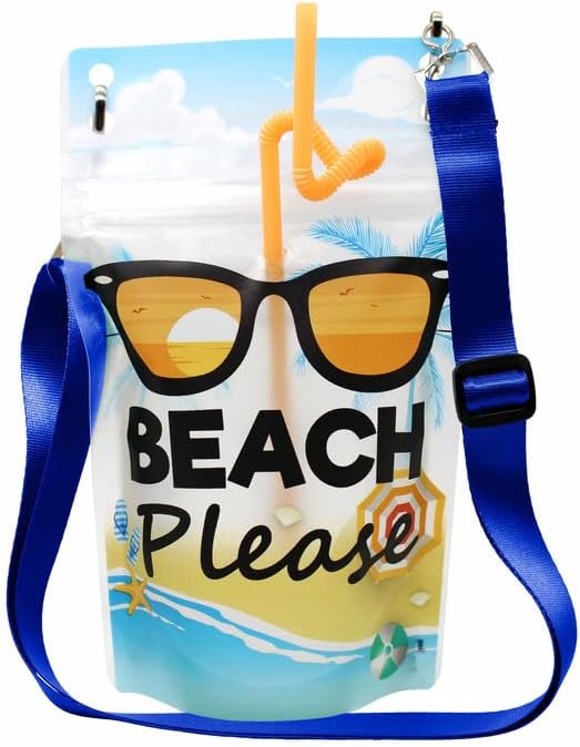 NeckSip Beach Please Wearable Drink Pouches (12oz, 2pk, Lanyards Blue) Must have for Beach Parties, Travel Vacations, Tropical Holidays, Summer Concerts, and Outdoor Events