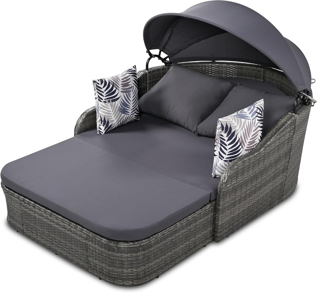 79.9" Outdoor Daybed with Retractable Canopy, PE Rattan Wicker Patio Daybed, 2-Seater Loveseat Lounge Bed Conversation Daybed, Gray Wicker Cushion
