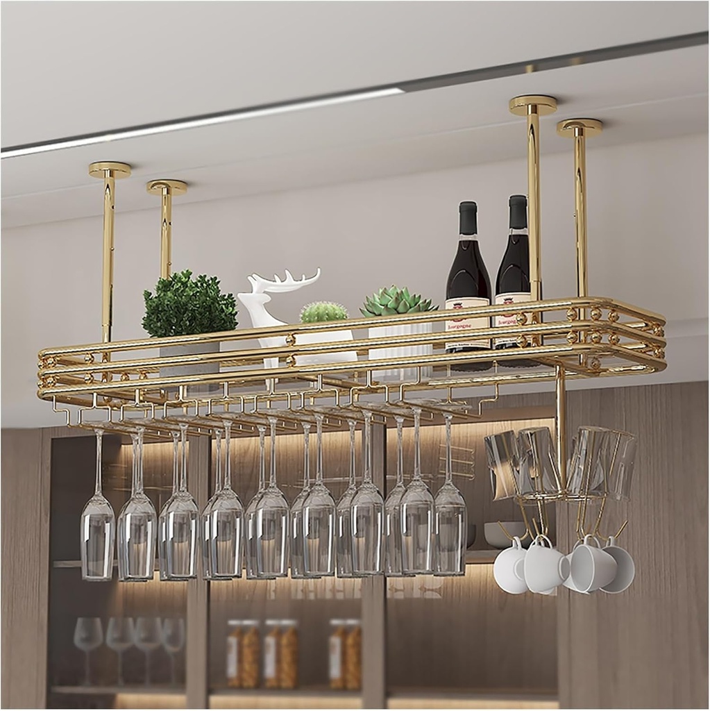 Ceiling Wine Rack with Wine Glass Rack,Adjustable Metal Hanging Bar Wine Glass Rack Ceiling,Wine Glass Holder,Bar Unit Floating Shelves,Wine Shelf Storage,for Kitchen Wine Cellar (