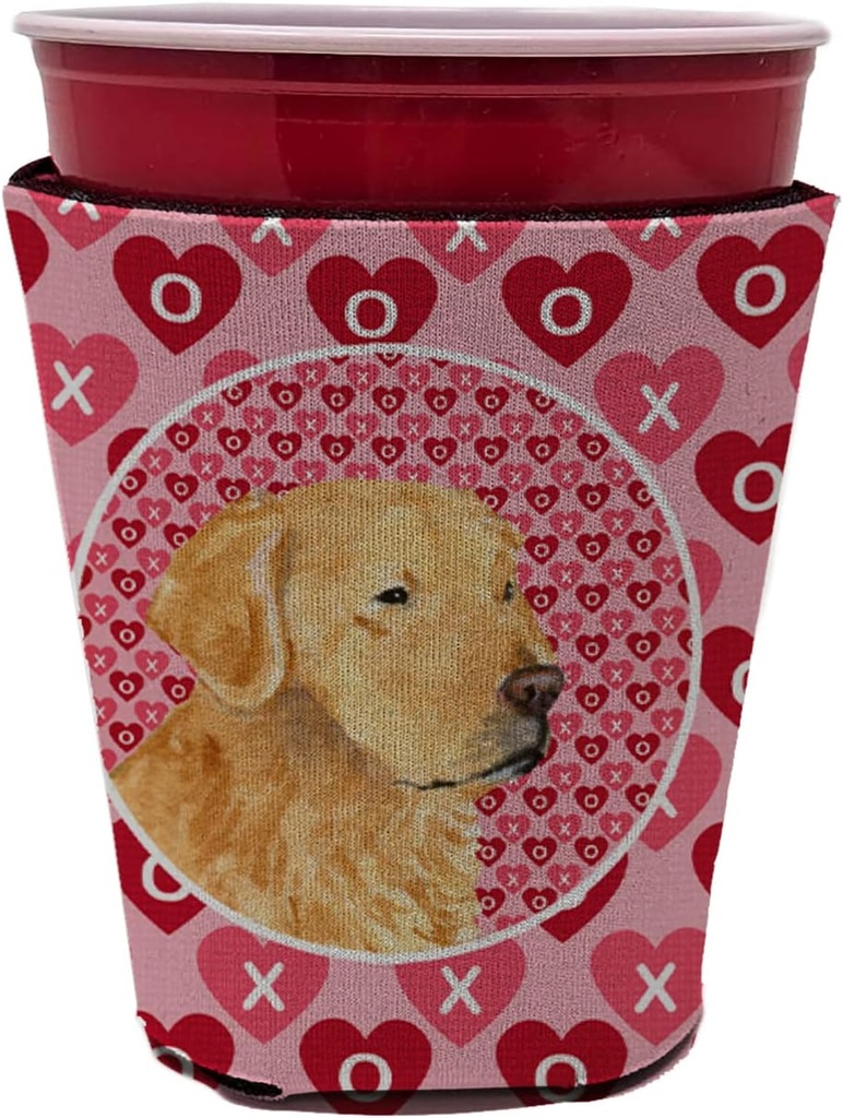 Caroline's Treasures SS4476RSC Golden Retriever Hearts Love Valentine's Day Red Cup Hugger Cup Cooler Sleeve Hugger Machine Washable Drink Sleeve Hugger Collapsible Insulator Beverage Insulated Holder