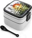 Trees Sun Bento Box Adult Lunch Box All-in-One Lunch Containers with Removable Compartments Double Layer Bento Lunch Box with Spoon And Handle Stackable Lunchbox