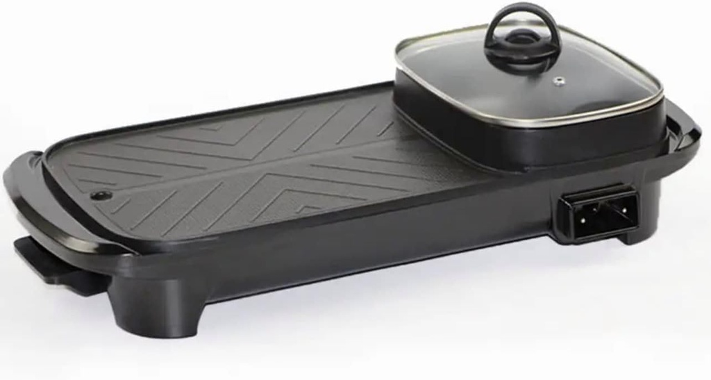 Electric 2 in 1 Grill with Shabu Shabu Hot Pot. Multifunctional Indoor Teppanyaki Korean BBQ Capacity for 2-5 People