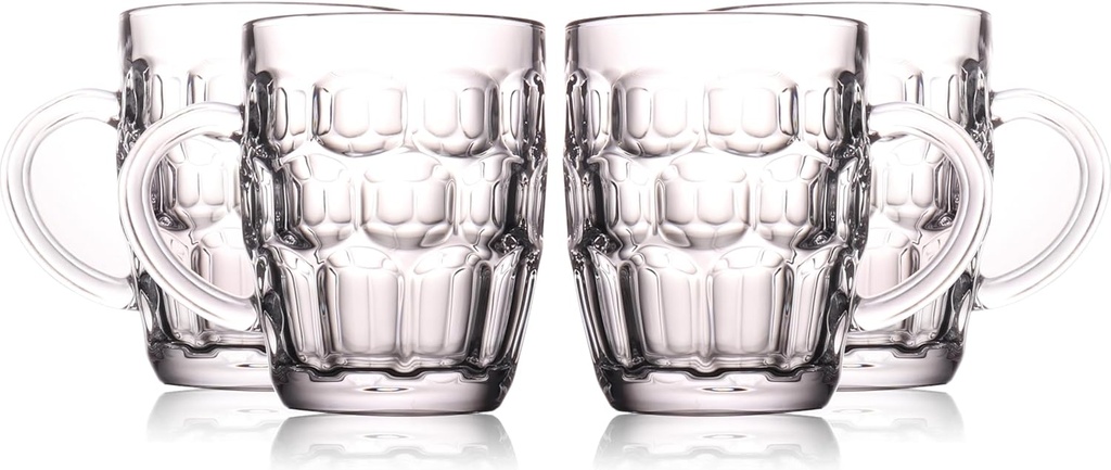 1 Pint Dimpled Beer Mug Set of 4 - Heavy British Pub Thick Glass with Handle - Stein Cup for Beer Lover in Home Party BBQ