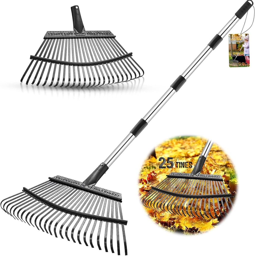 Rake for Leaves, 65 Inch Adjustable Long Handle Garden Leaf Rake, 18 Inch Wide Heavy Duty with 25 Metal Tines for Lawns Yard Shrubs Grass Gardening Camping Garbage Thatch