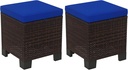 Outsunny 2 Pieces Outdoor Patio Ottomans, All Weather Wicker Outdoor Footstools with Removable Cushions, 3-in-1 PE Rattan Ottoman Seat, Footrest and Side Table for Backyard, Poolside, Dark Blue