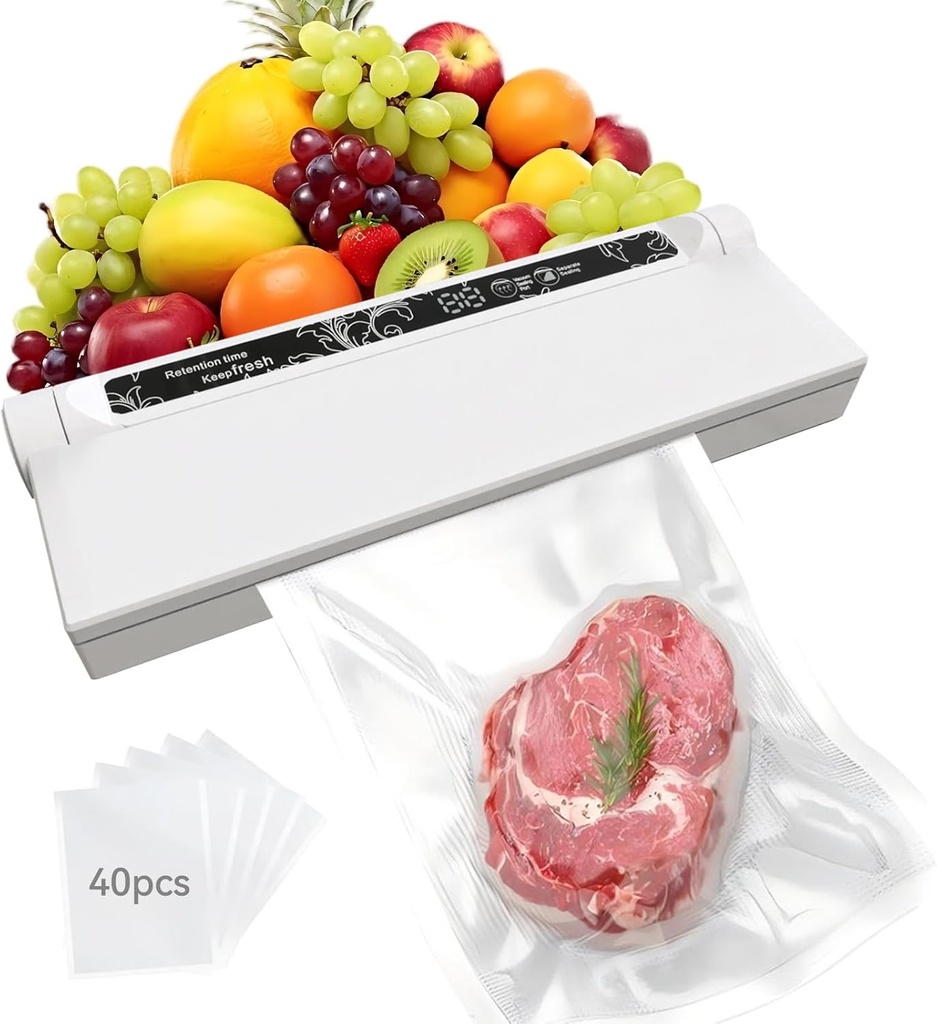 Vacuum Sealer Machine - Fully Automatic Dual Use for Dry & Wet Foods Includes 40 Vacuum Sealed Bags, One Click Operation & Super Strong Suction Power