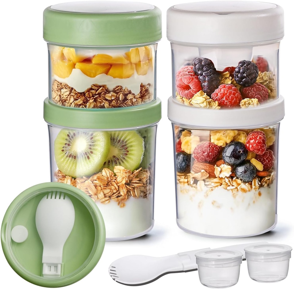 ComSaf 2 Pack Overnight Oats Containers with Lids 27 oz, Plastic Yogurt Parfait Cups with Folding Spoons to Go, Salad Pod Chia Pudding Jars Reusable with Granola Holder for Snack, Meal Prep