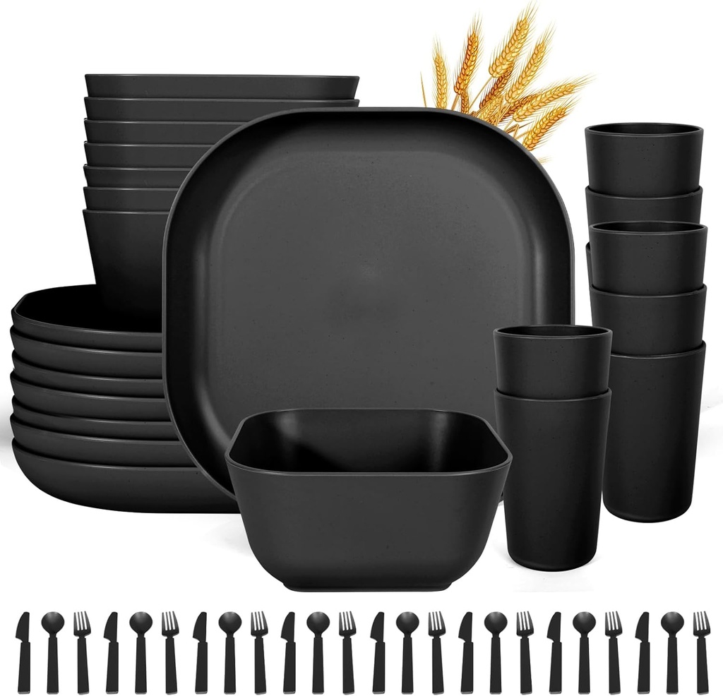 48-Piece Plastic Wheat Straw Square Dinnerware Sets Plates and Bowls Sets for 8 Lightweight Bowls Unbreakable Dish Set Dishwasher Microwave Safe Suitable for Camping Party Grill（Black）