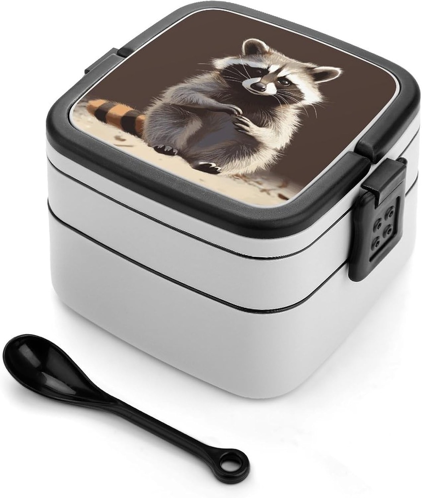 Cute Raccoon Bento Box with Compartments Double Layer Bento Lunch Box with Spoon And Handle All-in-One Adult Lunchbox Leakproof Lunch Container for Work Picnic Travel