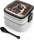 Cute Raccoon Bento Box with Compartments Double Layer Bento Lunch Box with Spoon And Handle All-in-One Adult Lunchbox Leakproof Lunch Container for Work Picnic Travel