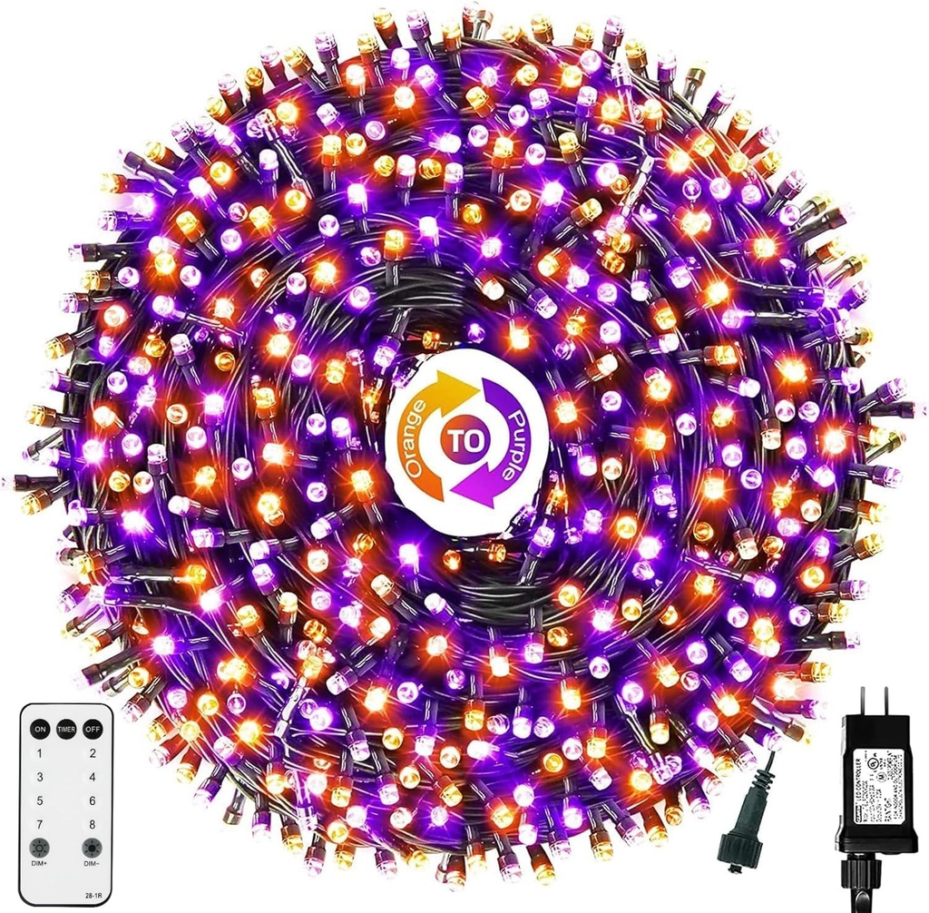 Halloween String Lights End-to-End Plug 8 Modes Timer Remote 108FT 300 LED IP65 Outdoor Waterproof UL Certificated Indoor Fairy Lights Garden Christma Trees Parties Decoration Purple- Orange