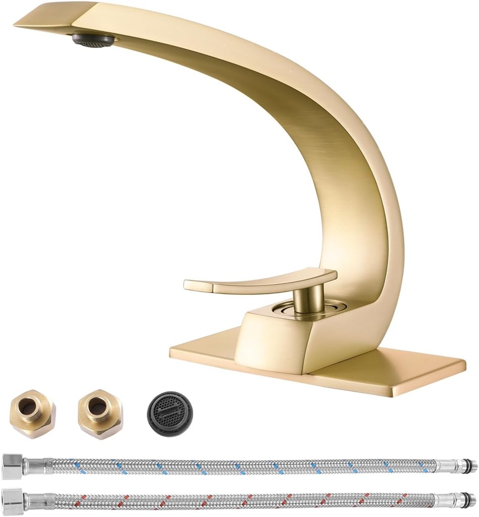 Brushed Gold Bathroom Sink Vanity Elegance Swan Faucet for 1 Hole With 6-Inch 3 Hole Deckplate,Rikaziya Bathroom Fixtures Basin Mixer Faucets Centerset With 9/16" Supply Hose and to 1/2" Adapter Combo