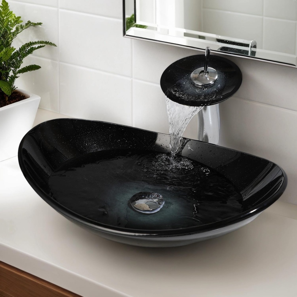 22x14 Inch Oval Glass Vessel Sink for Bathroom with Faucet and Drain Combo, Above Counter Mounted Sink Bowl with Starry Black Gradient