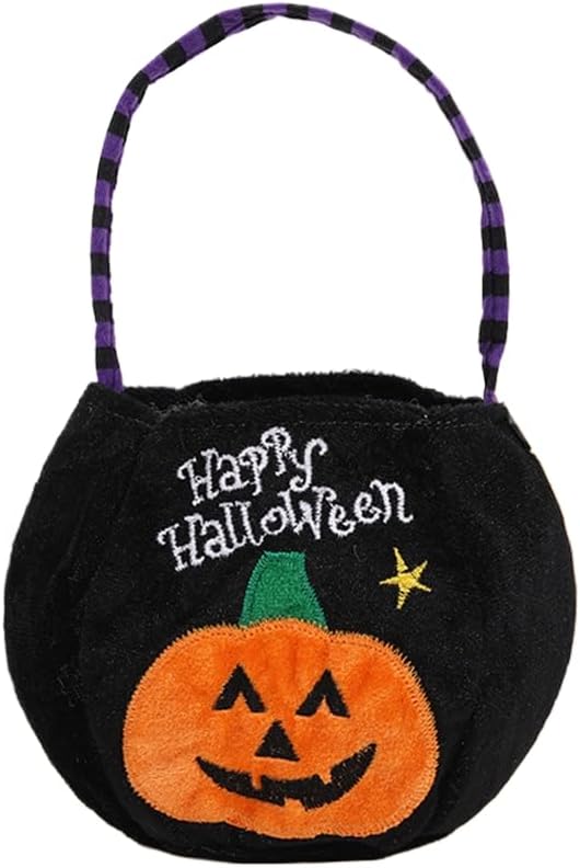 Halloween Pumpkin Bag Reusable Fabric Trick or Treat Bag- Collapsible Canvas Tote-Kids Friendly Jack-O-Lantern (Black)