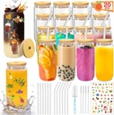 Glass Cups with Lids and Straws 20 Pcs 16 oz Ice Coffee Cup Skinny and Long Can Beer Cups Set Drinking Glasses with Bamboo Lids Reusable Glass Cups Ideal for Smoothies & Beverages