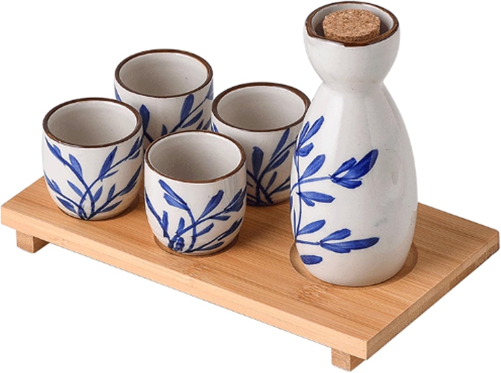 Traditional Ceramic Sake Set Sake Gift Set Ceramic-Sake Bottle with Bamboo Tray 1 Sake Bottle and 4 Sake Glasses